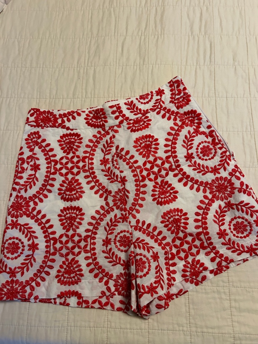 Red and white embroidered high waisted shorts